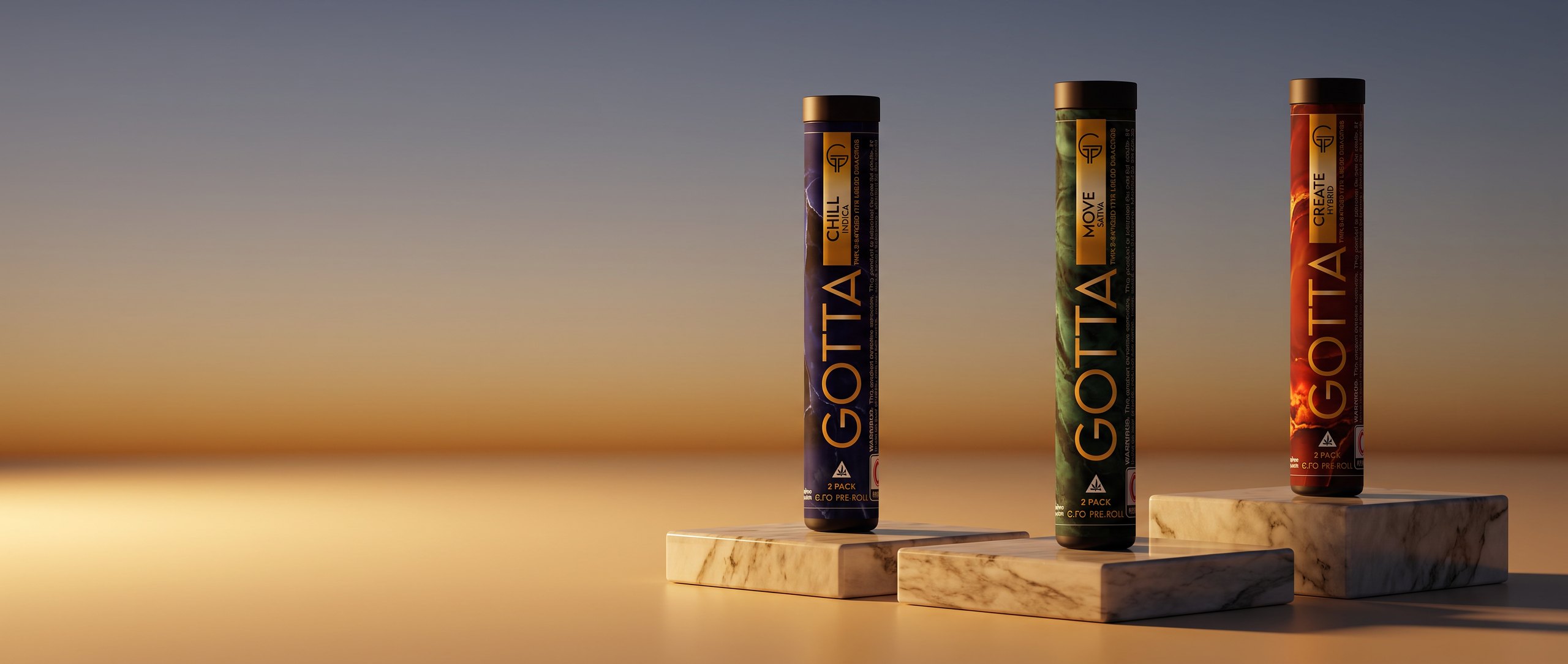 The three GOTTA mood pre-roll tubes on marble at dusk