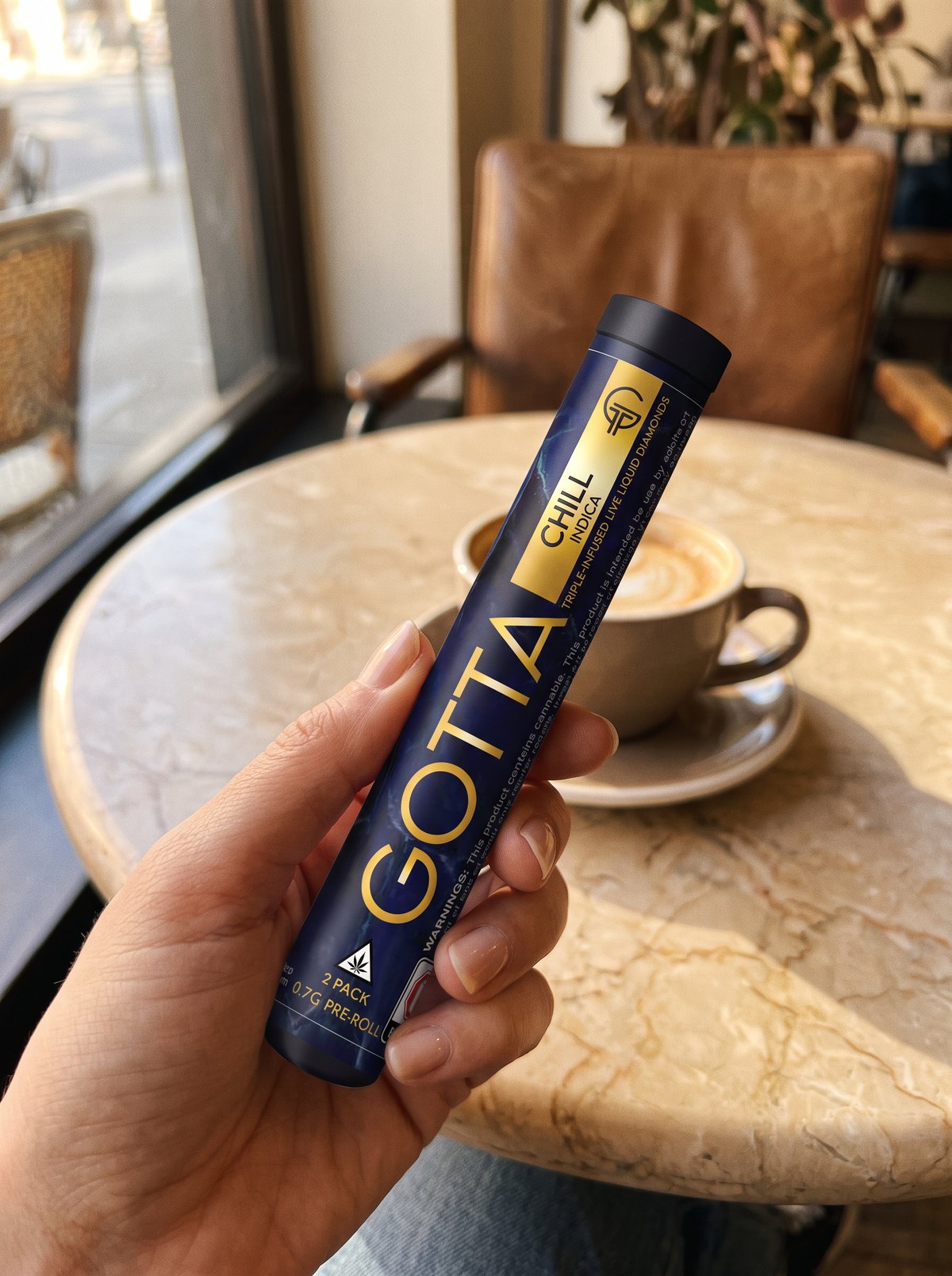 GOTTA CHILL tube at a cafe